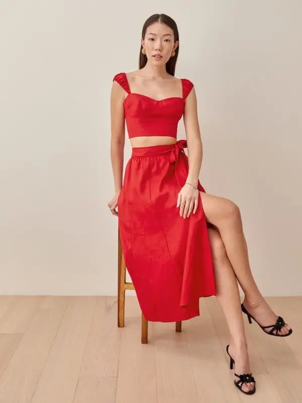 Reformation Clyde Linen Linen Skirt and Top Set in Cherry Red🍒